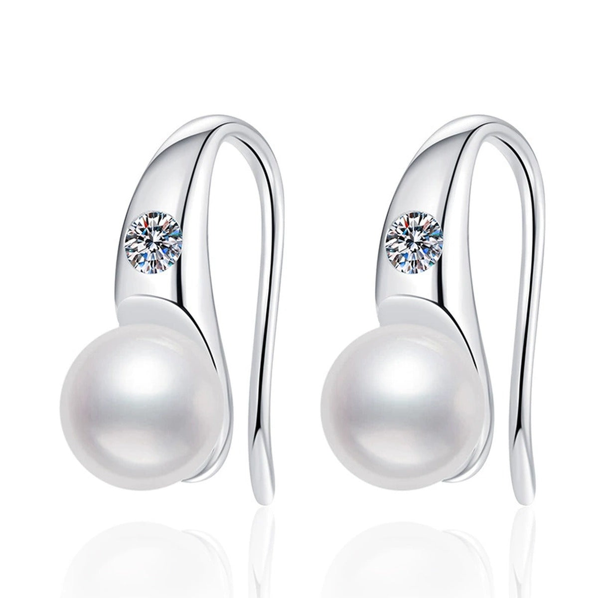 Pearl Moissanite Hook Drop Earrings in White Gold-Plated S925 Sterling Silver on clean white background showing a curved hook drop earring with a pearl and small moissanite accent