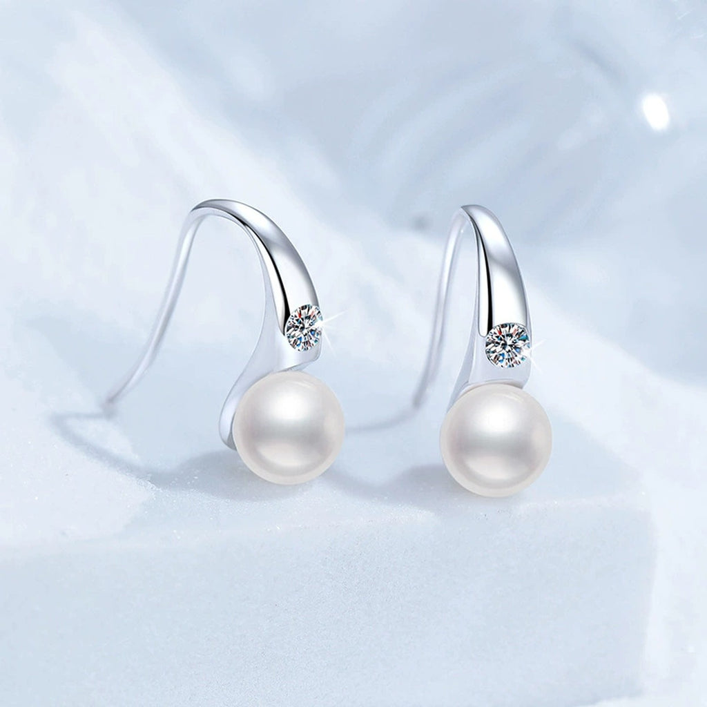 Pearl Moissanite Hook Drop Earrings in White Gold-Plated S925 Sterling Silver blue scene product view