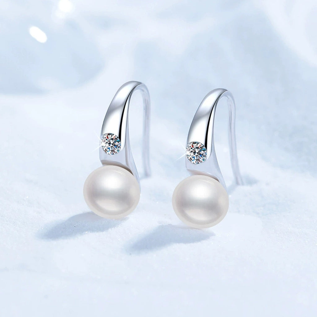 Pearl Moissanite Hook Drop Earrings in White Gold-Plated S925 Sterling Silver blue scene angled view