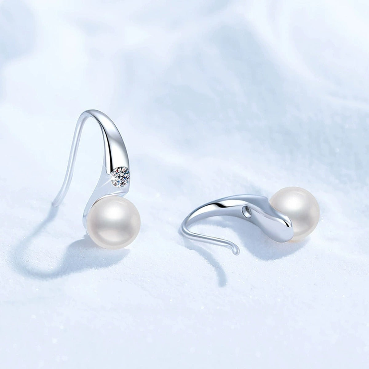 Pearl Moissanite Hook Drop Earrings in White Gold-Plated S925 Sterling Silver close-up product detail view