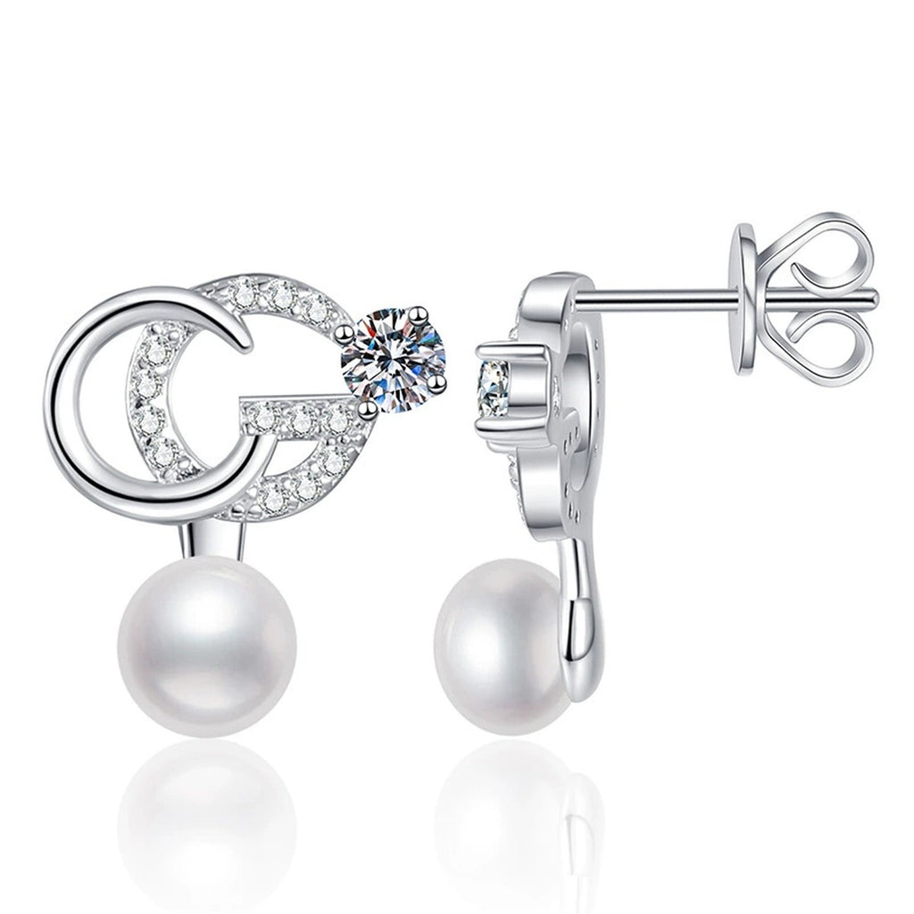 Crescent Pearl Moissanite Stud Drop Earrings with CZ in White Gold-Plated S925 Sterling Silver on clean white background showing a crescent moon stud top with pearl and moissanite drop