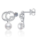 Crescent Pearl Moissanite Stud Drop Earrings with CZ in White Gold-Plated S925 Sterling Silver on clean white background showing a crescent moon stud top with pearl and moissanite drop