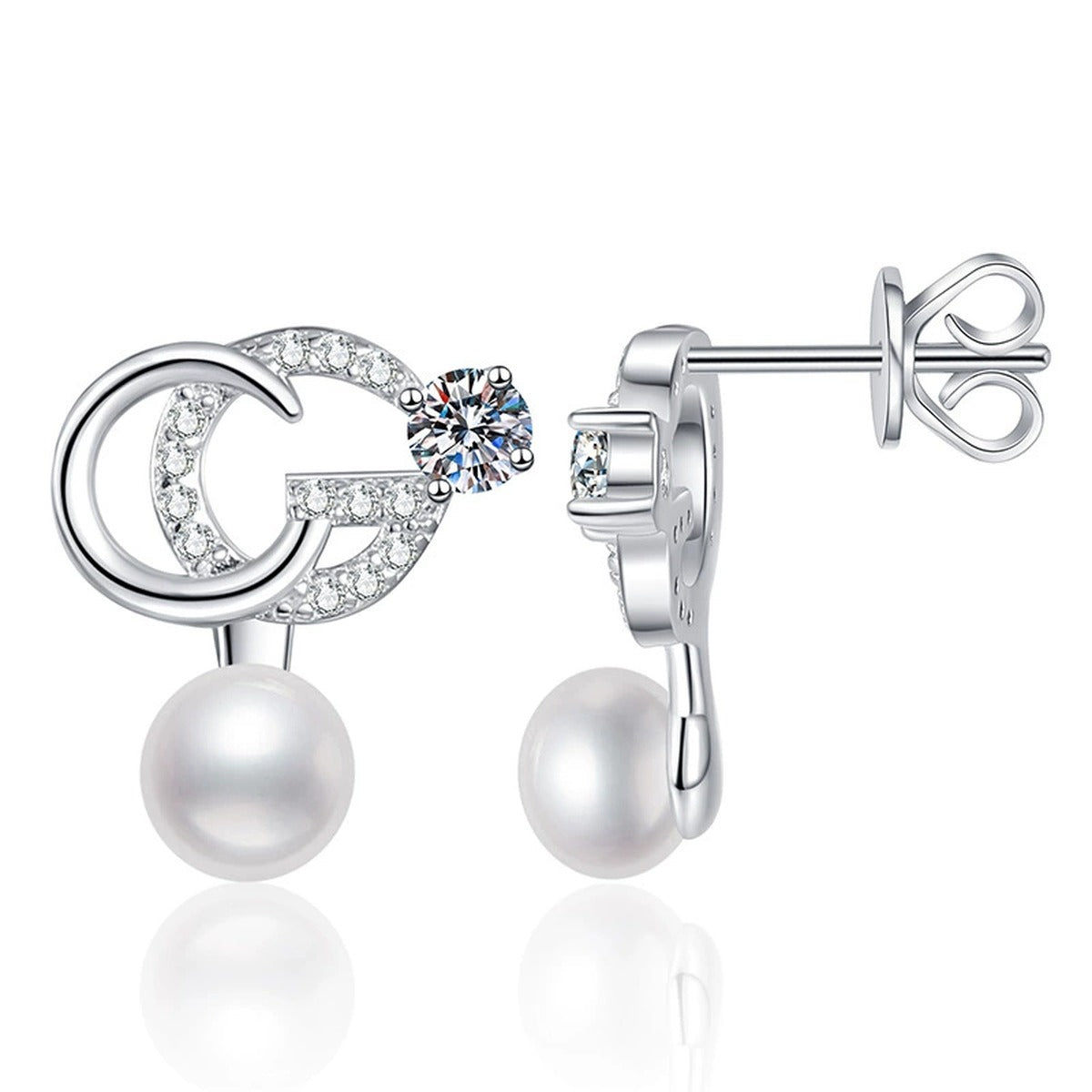 Crescent Pearl Moissanite Stud Drop Earrings with CZ in White Gold-Plated S925 Sterling Silver on clean white background showing a crescent moon stud top with pearl and moissanite drop