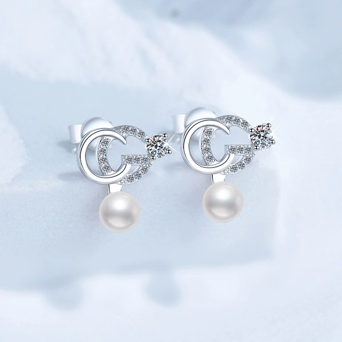 Crescent Pearl Moissanite Stud Drop Earrings with CZ in White Gold-Plated S925 Sterling Silver blue scene product view