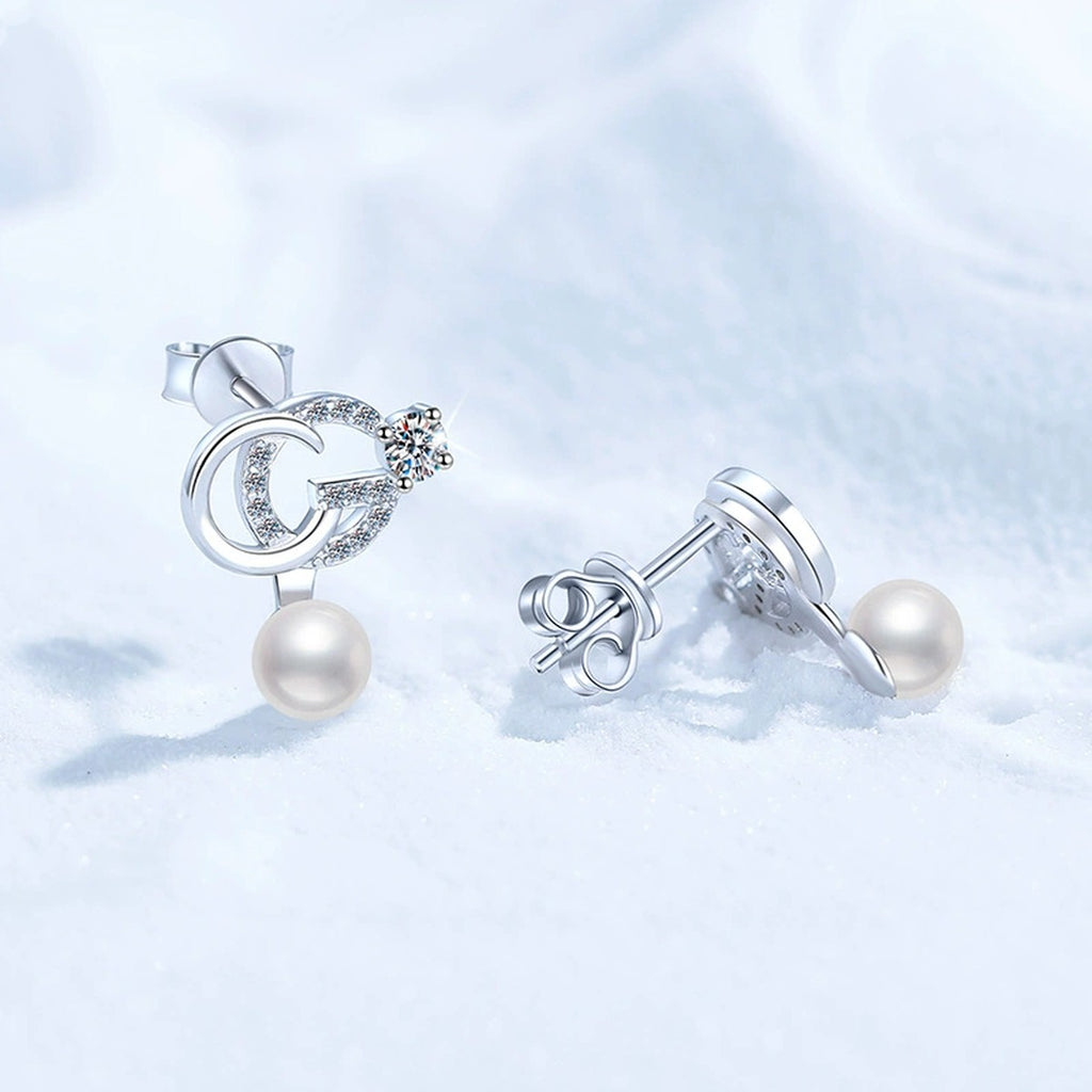 Crescent Pearl Moissanite Stud Drop Earrings with CZ in White Gold-Plated S925 Sterling Silver close-up product detail view