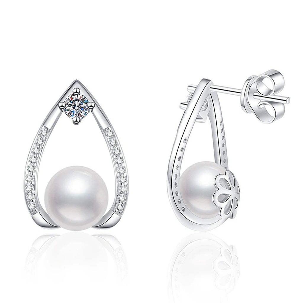 Pear-Shaped Pearl Moissanite Stud Earrings with CZ in White Gold-Plated S925 Sterling Silver on clean white background showing a pear-shaped open frame stud with pearl and moissanite detail