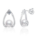 Pear-Shaped Pearl Moissanite Stud Earrings with CZ in White Gold-Plated S925 Sterling Silver on clean white background showing a pear-shaped open frame stud with pearl and moissanite detail