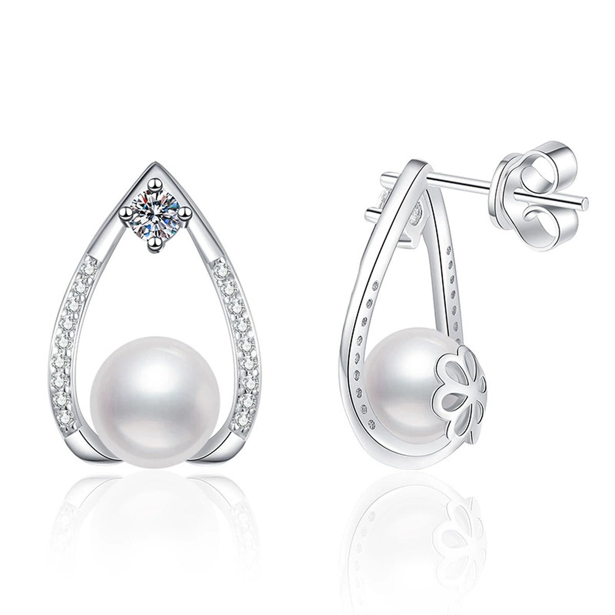 Pear-Shaped Pearl Moissanite Stud Earrings with CZ in White Gold-Plated S925 Sterling Silver on clean white background showing a pear-shaped open frame stud with pearl and moissanite detail