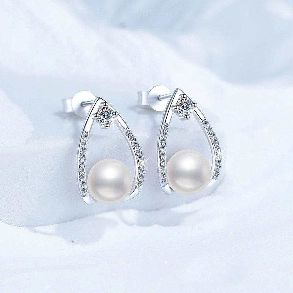 Pear-Shaped Pearl Moissanite Stud Earrings with CZ in White Gold-Plated S925 Sterling Silver close-up product detail view
