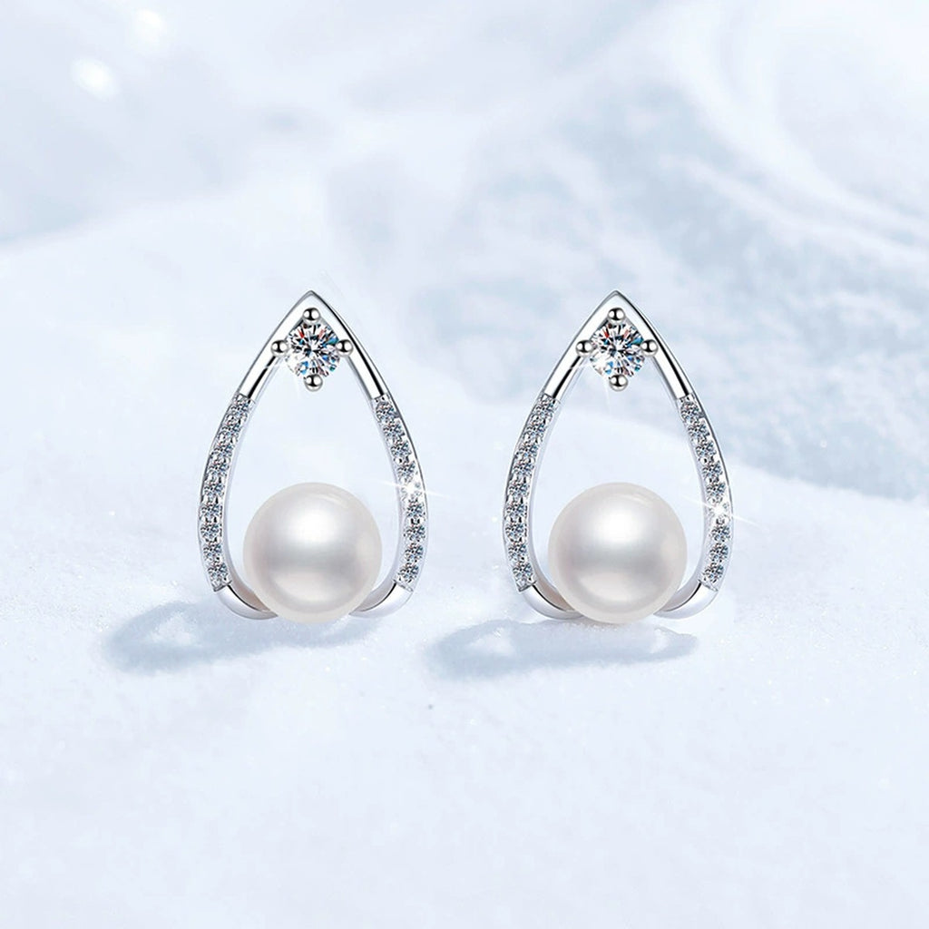 Pear-Shaped Pearl Moissanite Stud Earrings with CZ in White Gold-Plated S925 Sterling Silver close-up product detail view
