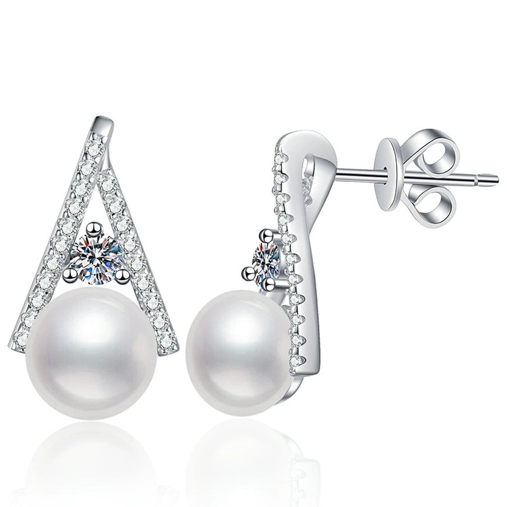 Triangle Pearl Moissanite Stud Earrings with CZ in White Gold-Plated S925 Sterling Silver on clean white background showing a triangular stud frame with pearl and moissanite detail