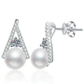 Triangle Pearl Moissanite Stud Earrings with CZ in White Gold-Plated S925 Sterling Silver on clean white background showing a triangular stud frame with pearl and moissanite detail