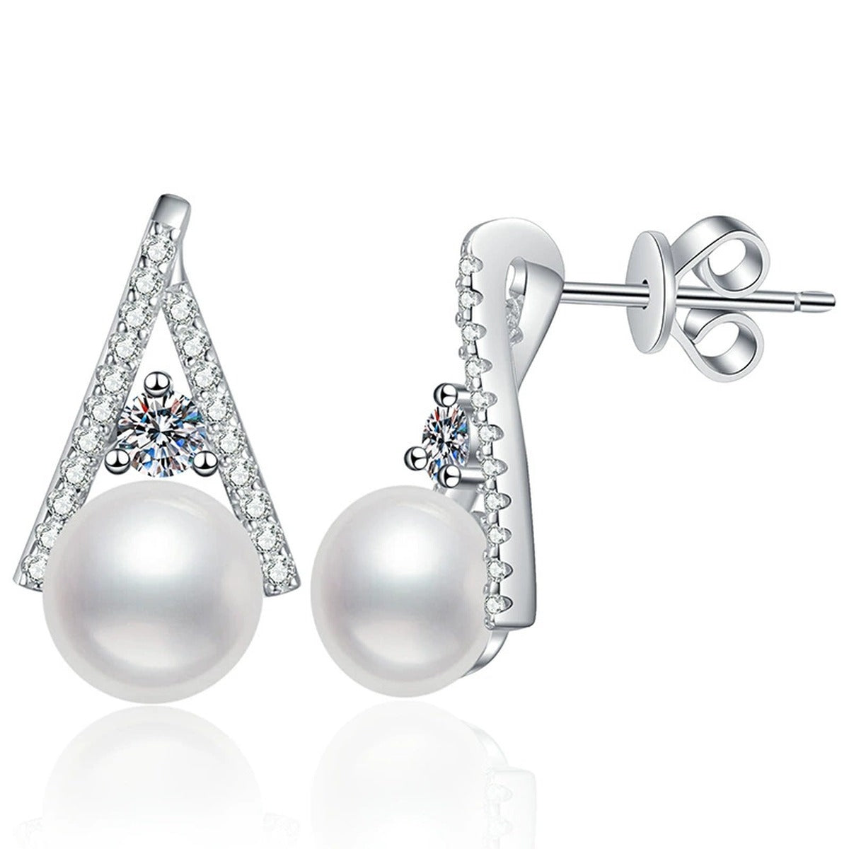 Triangle Pearl Moissanite Stud Earrings with CZ in White Gold-Plated S925 Sterling Silver on clean white background showing a triangular stud frame with pearl and moissanite detail