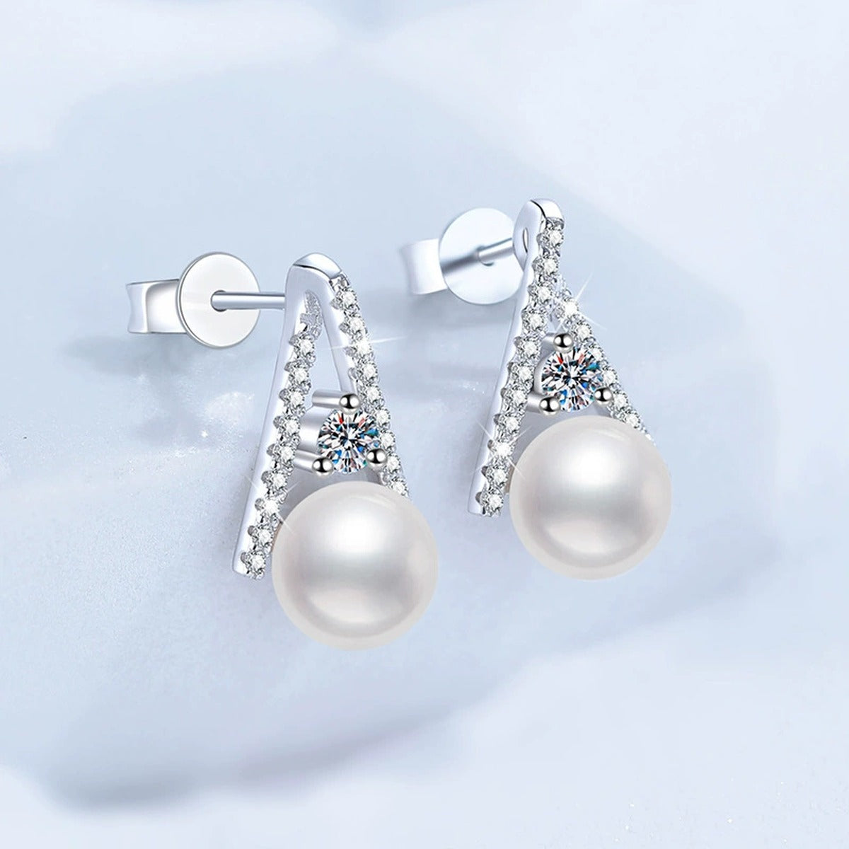 Triangle Pearl Moissanite Stud Earrings with CZ in White Gold-Plated S925 Sterling Silver blue scene product view