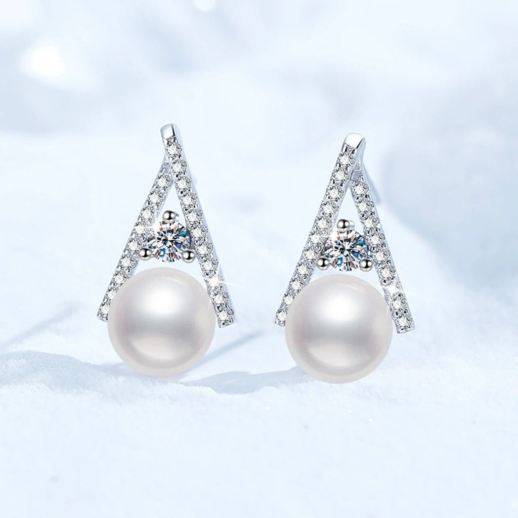 Triangle Pearl Moissanite Stud Earrings with CZ in White Gold-Plated S925 Sterling Silver close-up product detail view