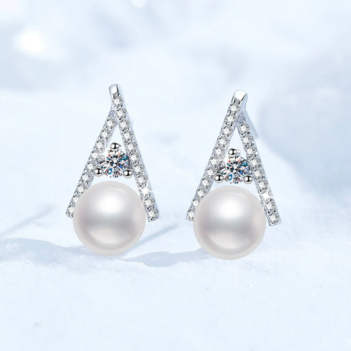 Triangle Pearl Moissanite Stud Earrings with CZ in White Gold-Plated S925 Sterling Silver close-up product detail view