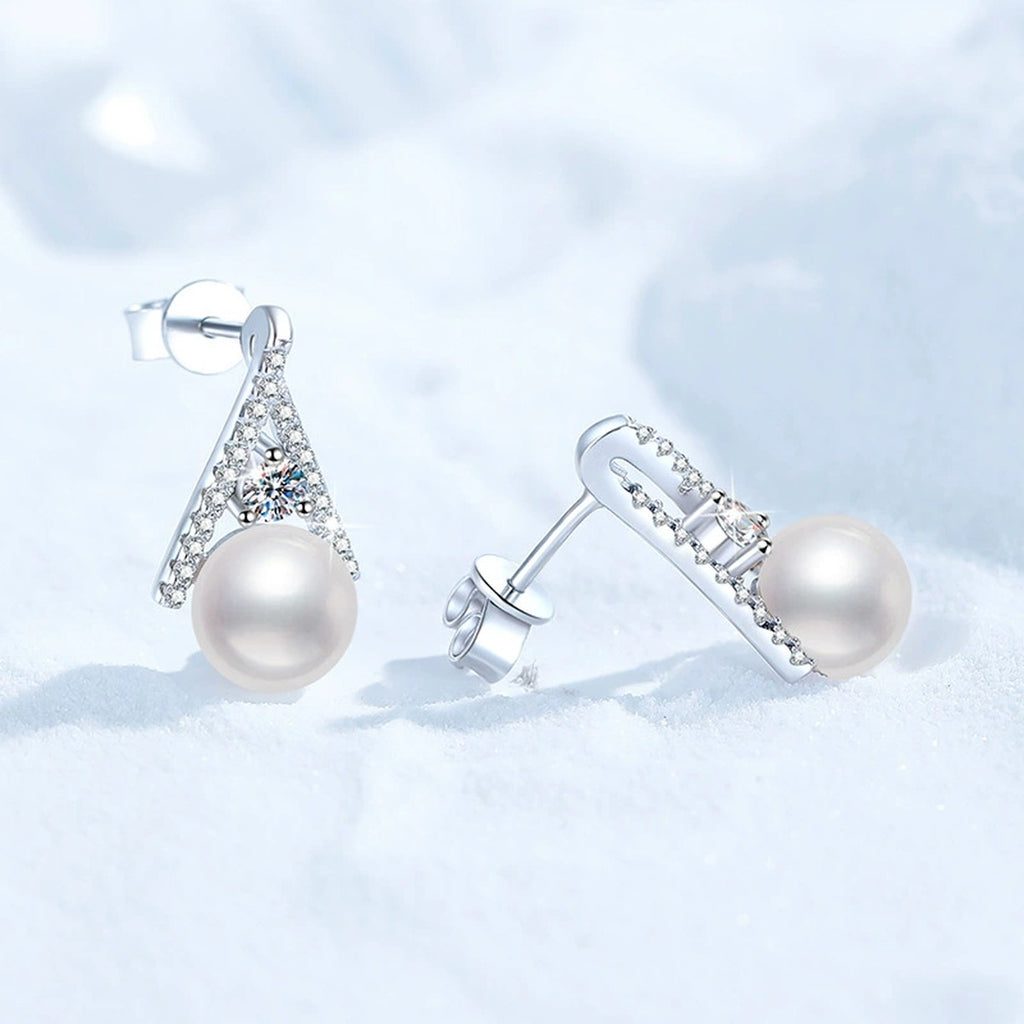 Triangle Pearl Moissanite Stud Earrings with CZ in White Gold-Plated S925 Sterling Silver close-up product detail view