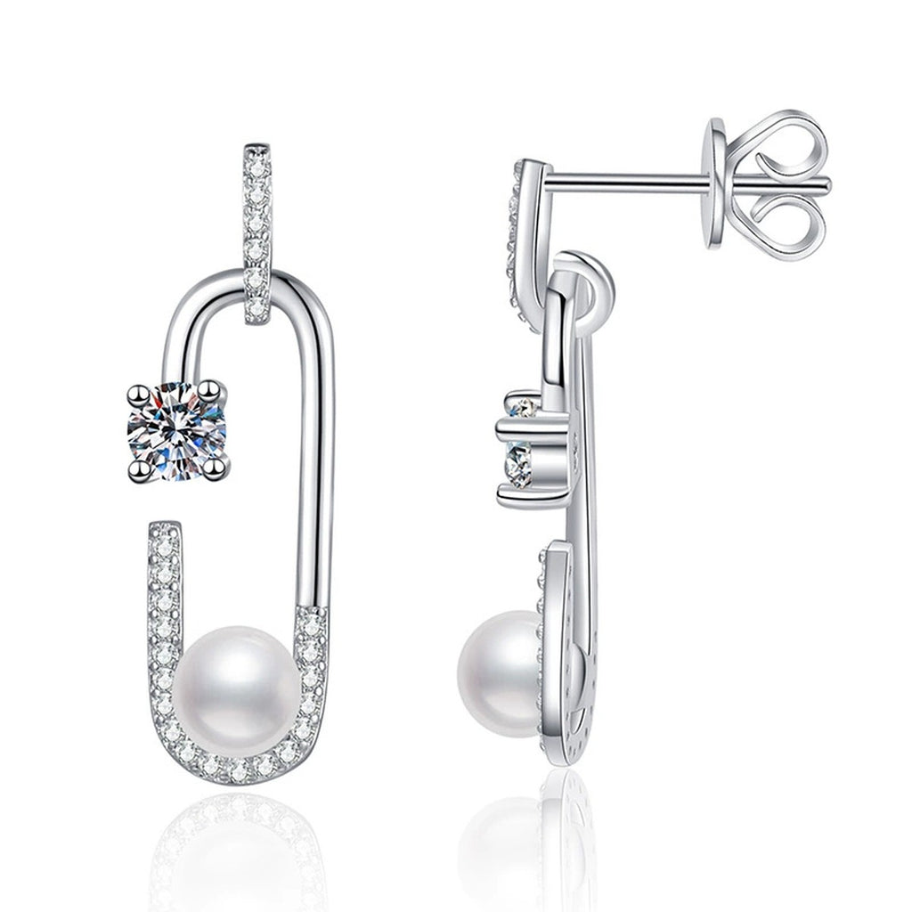 U-Shaped Pearl Moissanite Stud Drop Earrings with CZ in White Gold-Plated S925 Sterling Silver on clean white background showing a U-shaped stud drop with pearl and moissanite accents