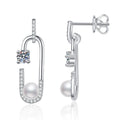 U-Shaped Pearl Moissanite Stud Drop Earrings with CZ in White Gold-Plated S925 Sterling Silver on clean white background showing a U-shaped stud drop with pearl and moissanite accents