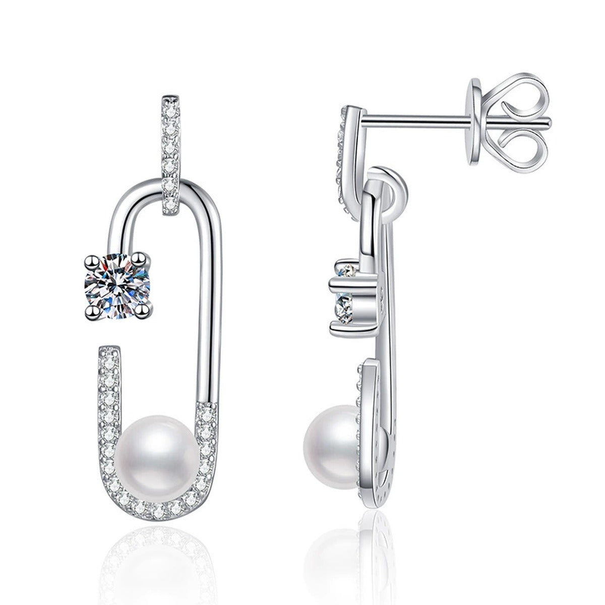 U-Shaped Pearl Moissanite Stud Drop Earrings with CZ in White Gold-Plated S925 Sterling Silver on clean white background showing a U-shaped stud drop with pearl and moissanite accents