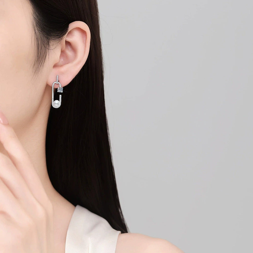 U-Shaped Pearl Moissanite Stud Drop Earrings with CZ in White Gold-Plated S925 Sterling Silver worn on ear by model