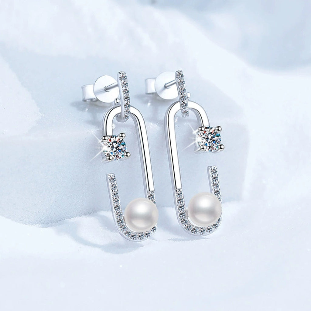 U-Shaped Pearl Moissanite Stud Drop Earrings with CZ in White Gold-Plated S925 Sterling Silver close-up product detail view