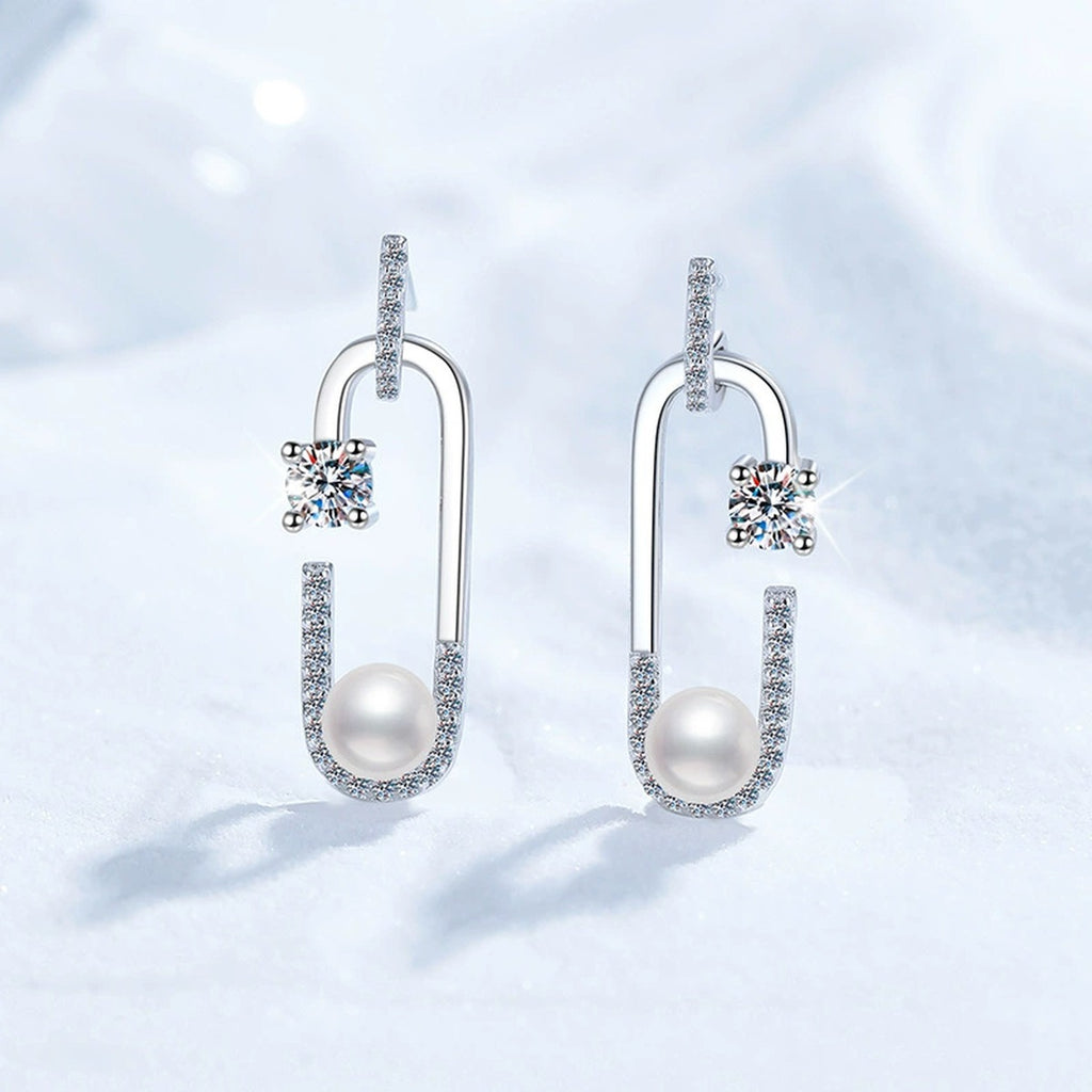 U-Shaped Pearl Moissanite Stud Drop Earrings with CZ in White Gold-Plated S925 Sterling Silver close-up product detail view