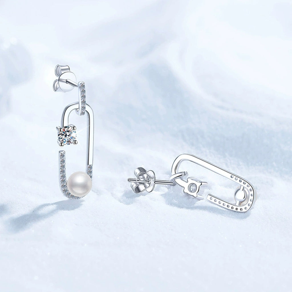 U-Shaped Pearl Moissanite Stud Drop Earrings with CZ in White Gold-Plated S925 Sterling Silver close-up product detail view