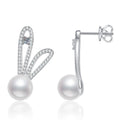 Bunny Pearl Moissanite Stud Drop Earrings with CZ in White Gold-Plated S925 Sterling Silver on clean white background showing a bunny-ear stud drop silhouette with pearl and moissanite detail