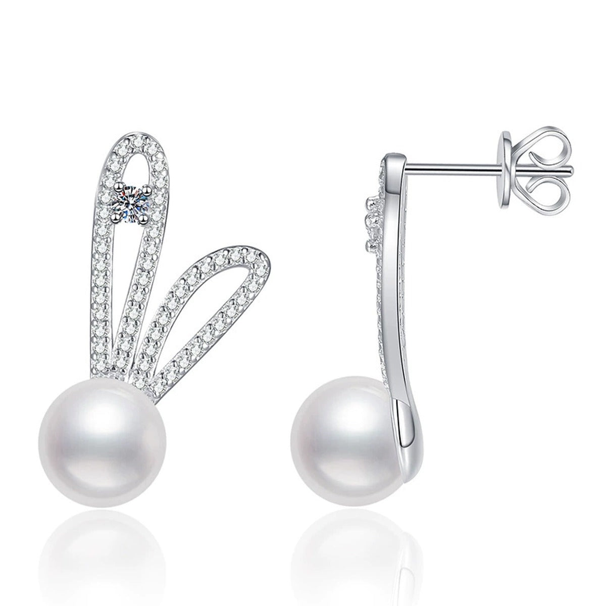 Bunny Pearl Moissanite Stud Drop Earrings with CZ in White Gold-Plated S925 Sterling Silver on clean white background showing a bunny-ear stud drop silhouette with pearl and moissanite detail