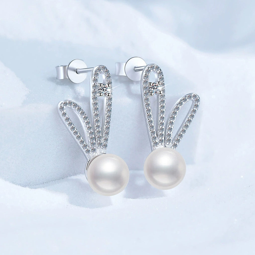 Bunny Pearl Moissanite Stud Drop Earrings with CZ in White Gold-Plated S925 Sterling Silver blue scene product view
