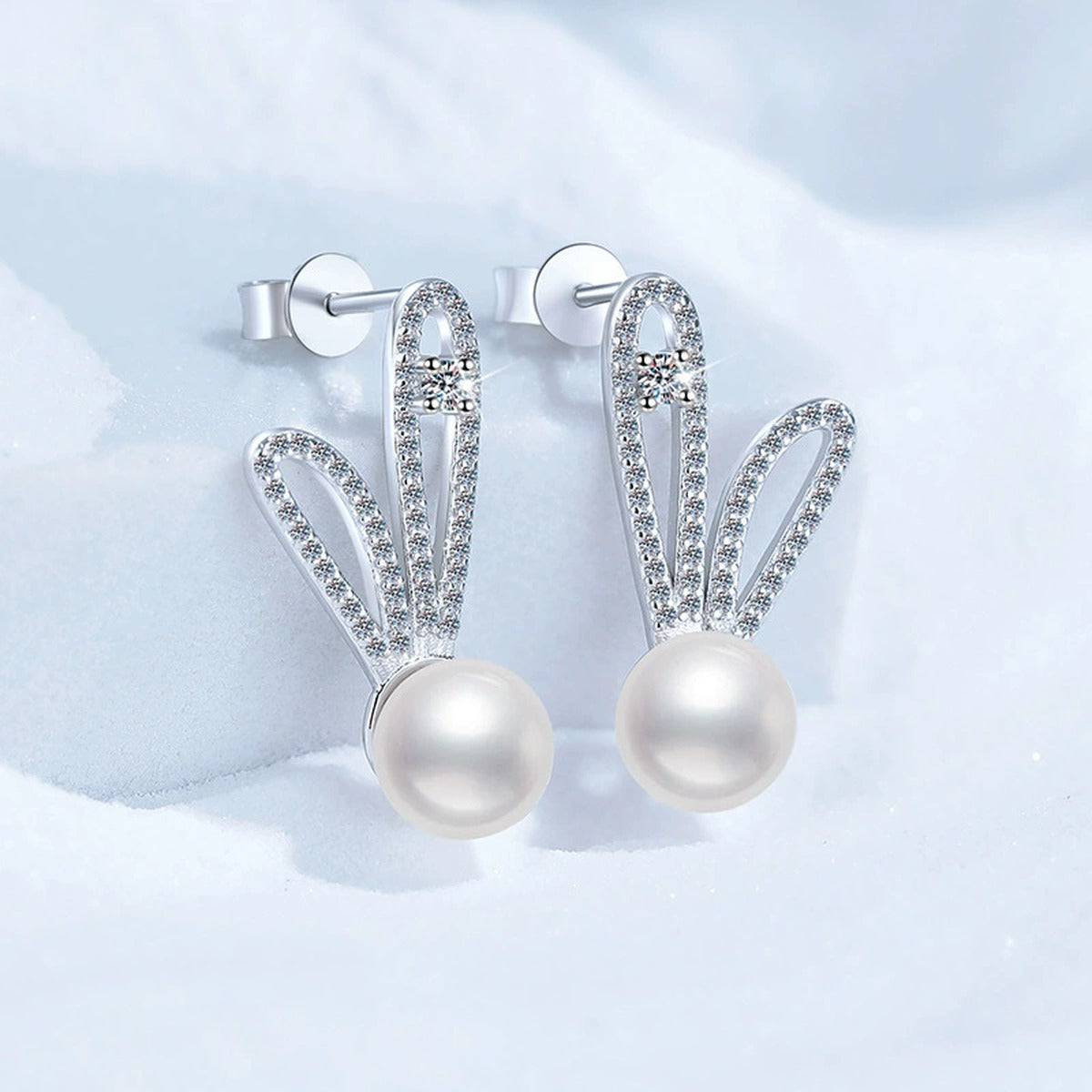 Bunny Pearl Moissanite Stud Drop Earrings with CZ in White Gold-Plated S925 Sterling Silver blue scene product view
