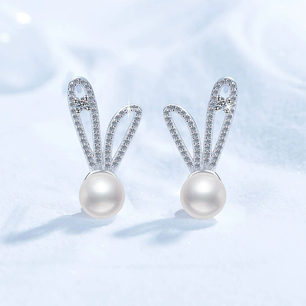 Bunny Pearl Moissanite Stud Drop Earrings with CZ in White Gold-Plated S925 Sterling Silver close-up product detail view