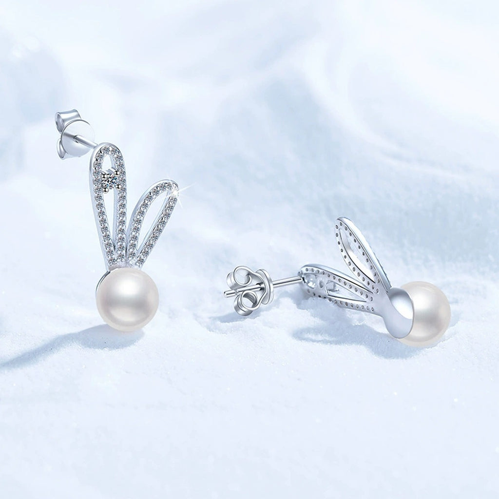 Bunny Pearl Moissanite Stud Drop Earrings with CZ in White Gold-Plated S925 Sterling Silver close-up product detail view