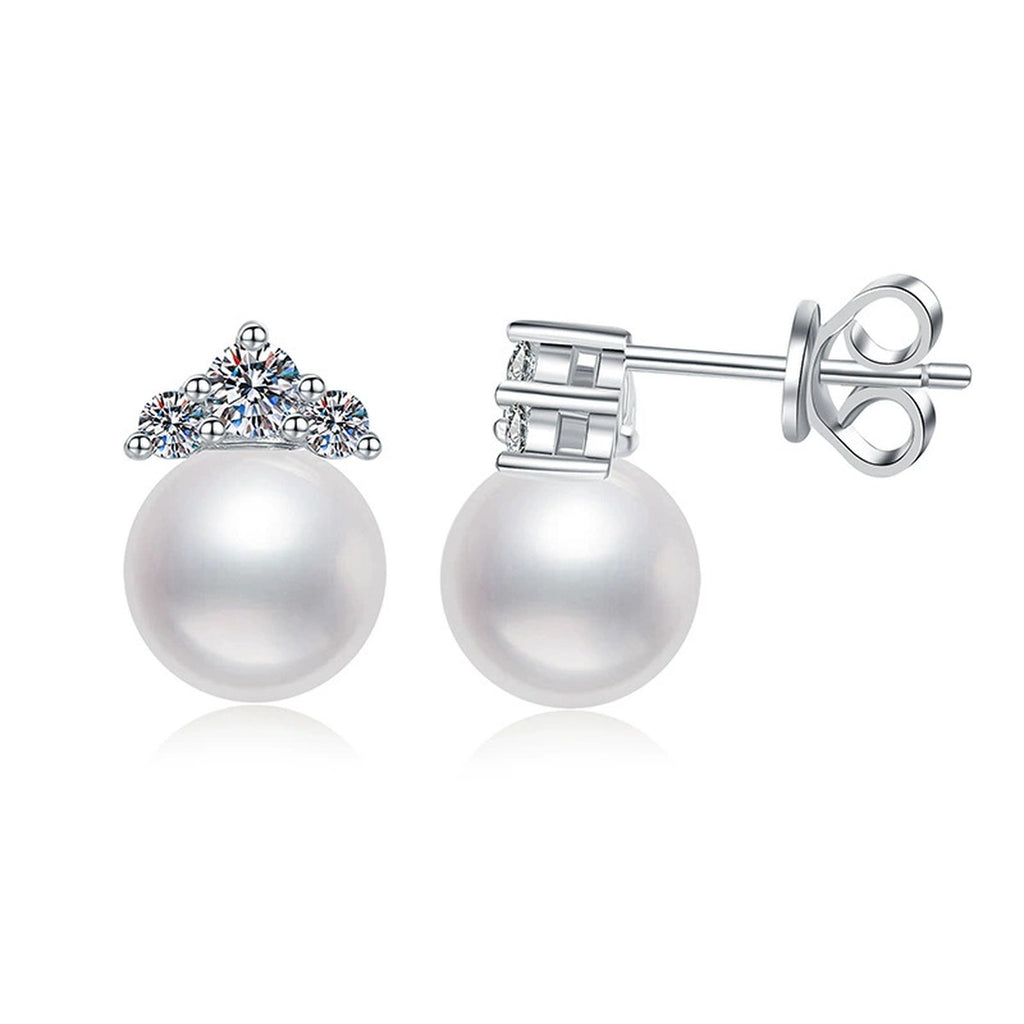 Crown Pearl Moissanite Stud Earrings in White Gold-Plated S925 Sterling Silver on clean white background showing a crown-like moissanite top paired with a pearl stud