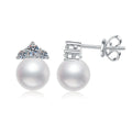 Crown Pearl Moissanite Stud Earrings in White Gold-Plated S925 Sterling Silver on clean white background showing a crown-like moissanite top paired with a pearl stud