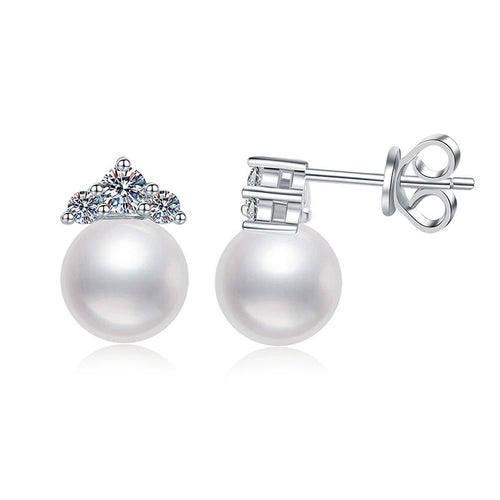 Crown Pearl Moissanite Stud Earrings in White Gold-Plated S925 Sterling Silver on clean white background showing a crown-like moissanite top paired with a pearl stud