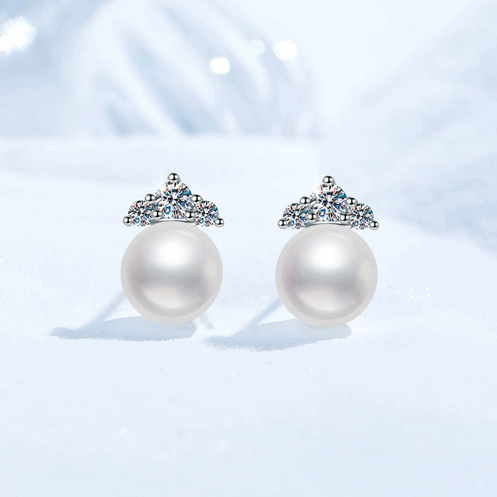 Crown Pearl Moissanite Stud Earrings in White Gold-Plated S925 Sterling Silver close-up product detail view