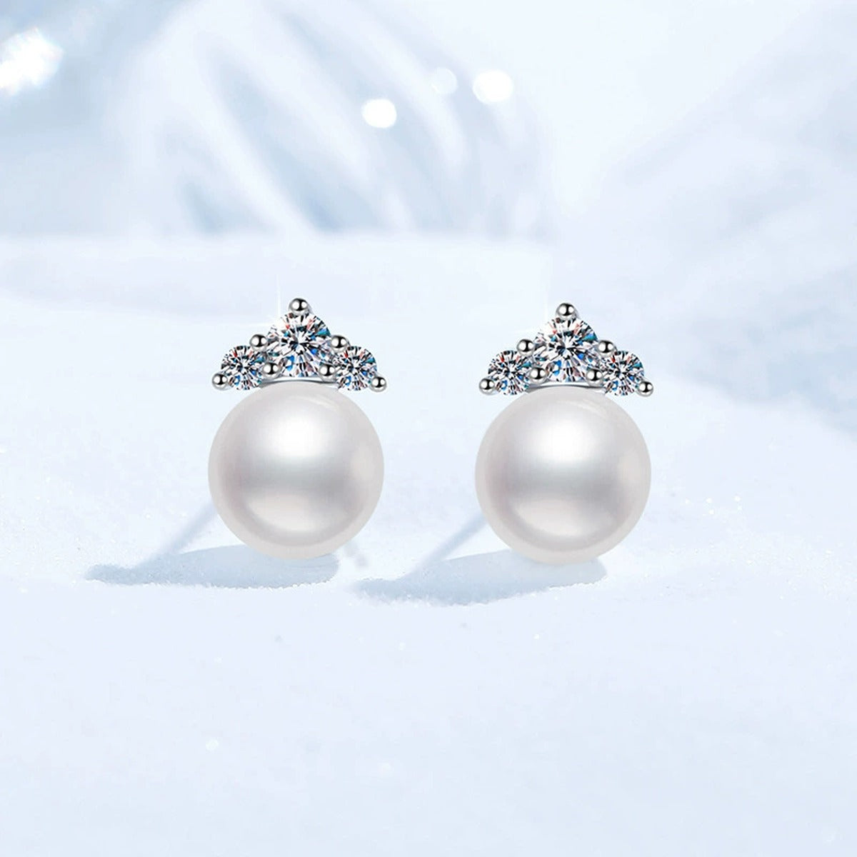 Crown Pearl Moissanite Stud Earrings in White Gold-Plated S925 Sterling Silver close-up product detail view