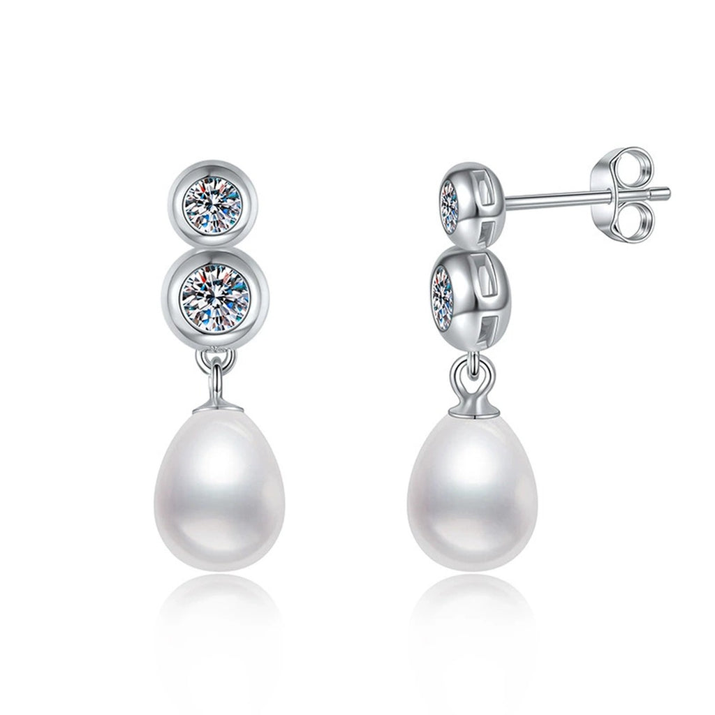 Triple-Stone Pearl Moissanite Stud Drop Earrings in White Gold-Plated S925 Sterling Silver on clean white background showing a vertical three-stone stud drop with a pearl finish
