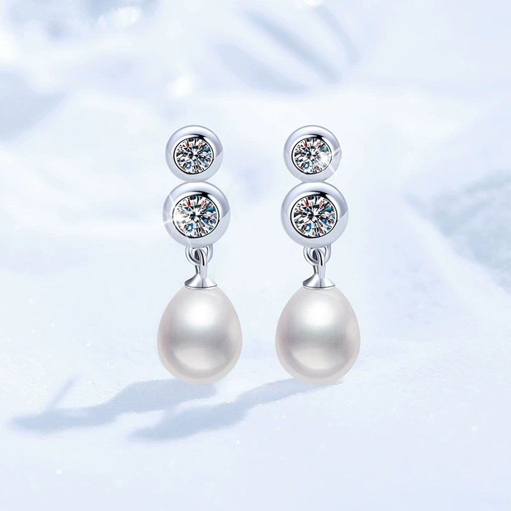 Triple-Stone Pearl Moissanite Stud Drop Earrings in White Gold-Plated S925 Sterling Silver close-up product detail view
