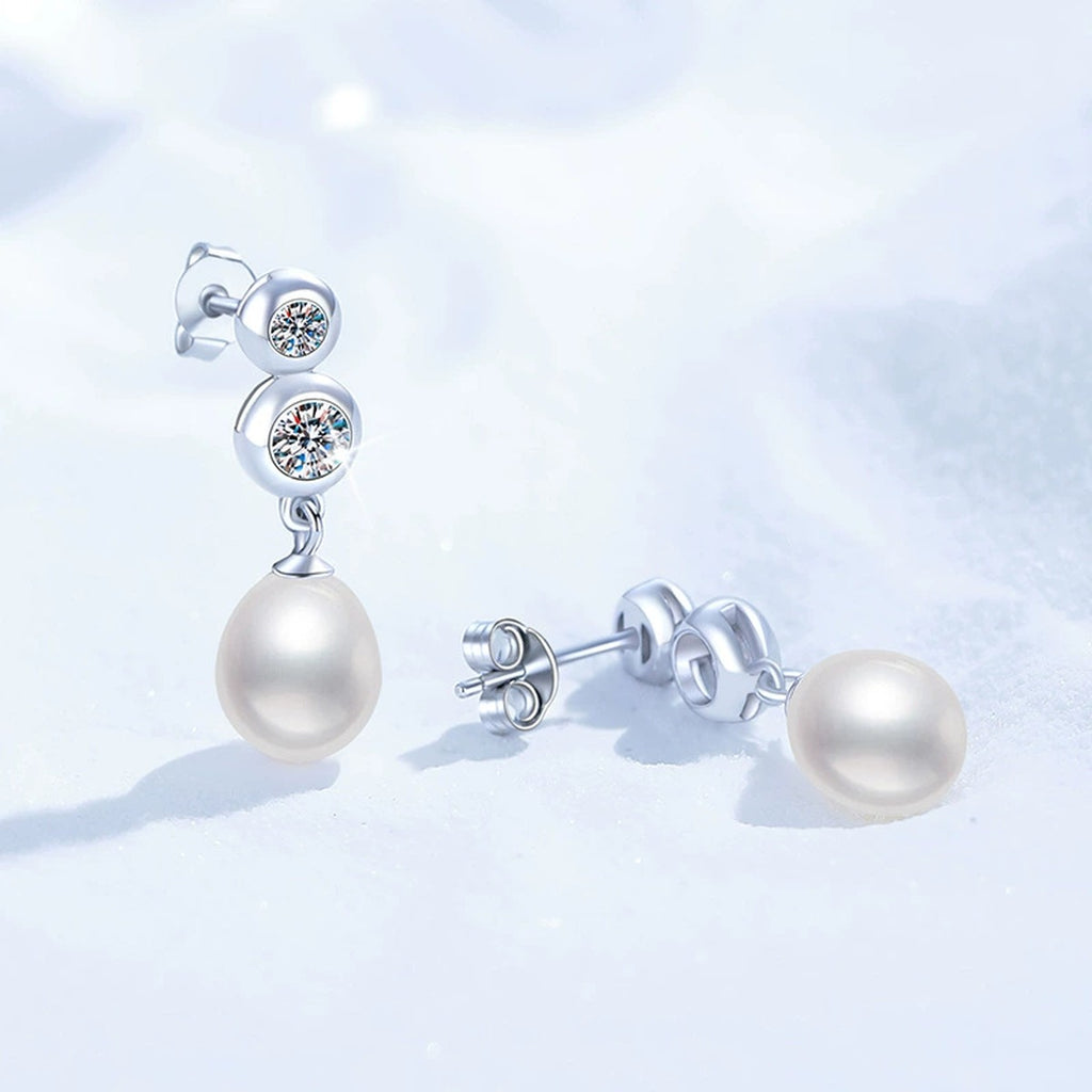 Triple-Stone Pearl Moissanite Stud Drop Earrings in White Gold-Plated S925 Sterling Silver close-up product detail view
