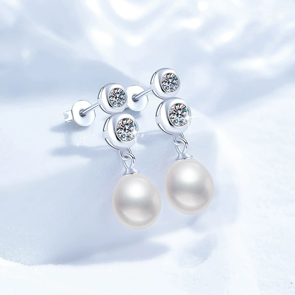 Triple-Stone Pearl Moissanite Stud Drop Earrings in White Gold-Plated S925 Sterling Silver close-up product detail view