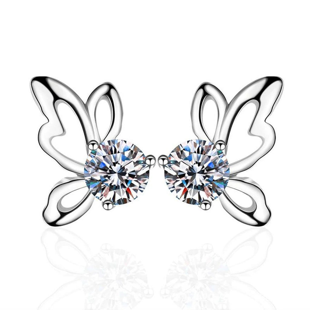 Butterfly Moissanite Stud Earrings in White Gold-Plated S925 Sterling Silver on clean white background showing a butterfly stud silhouette formed around round moissanite stones