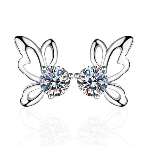 Butterfly Moissanite Stud Earrings in White Gold-Plated S925 Sterling Silver on clean white background showing a butterfly stud silhouette formed around round moissanite stones