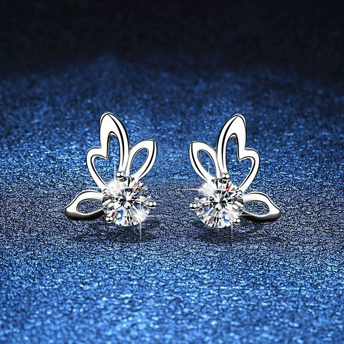 Butterfly Moissanite Stud Earrings in White Gold-Plated S925 Sterling Silver blue scene product view