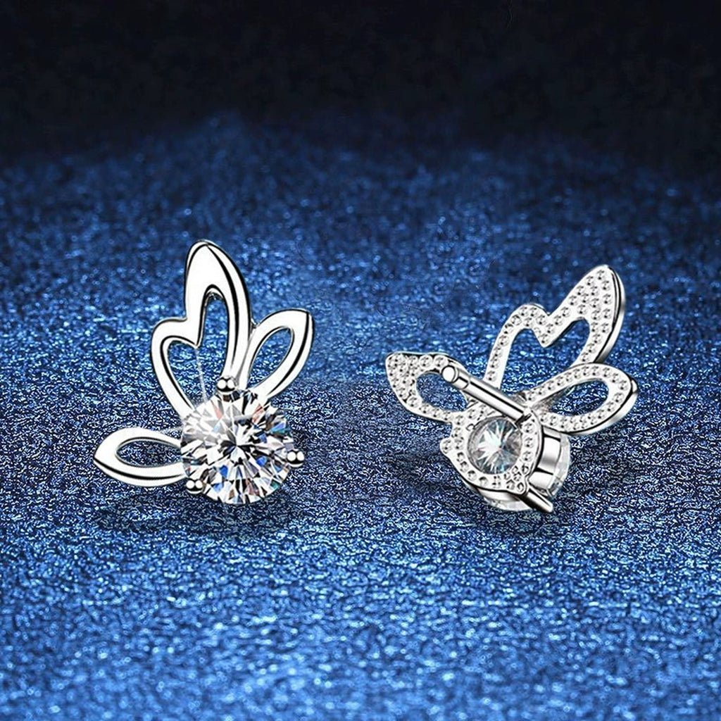 Butterfly Moissanite Stud Earrings in White Gold-Plated S925 Sterling Silver blue scene close-up view
