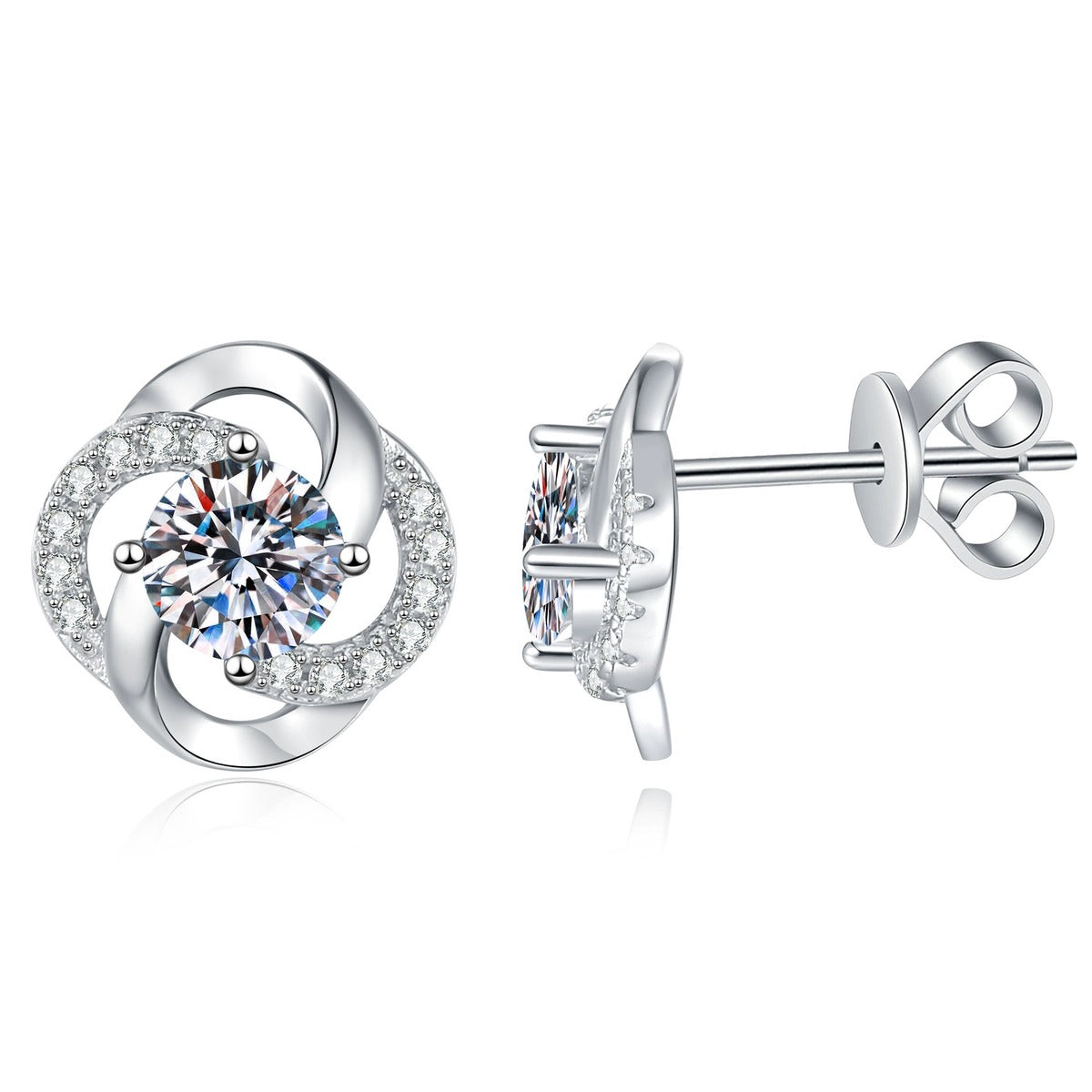 Swirl Moissanite Stud Earrings with CZ in White Gold-Plated S925 Sterling Silver on clean white background showing a rounded swirl stud frame around a round moissanite center