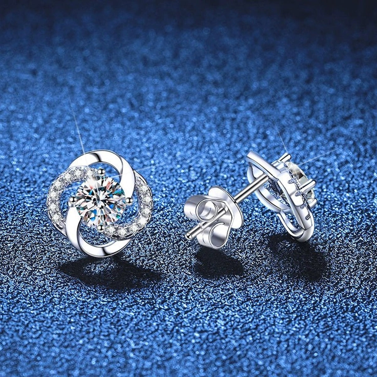 Swirl Moissanite Stud Earrings with CZ in White Gold-Plated S925 Sterling Silver blue scene product view