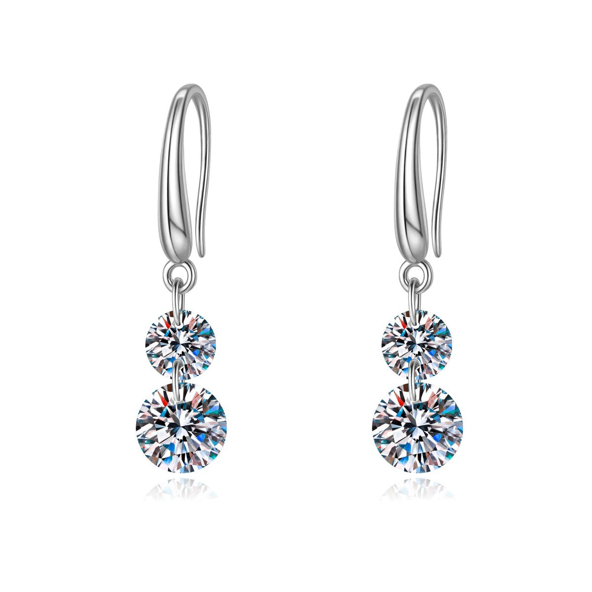 Two-Stone Moissanite Drop Earrings in White Gold-Plated S925 Sterling Silver on clean white background showing a two-stone drop earring with round moissanite accents